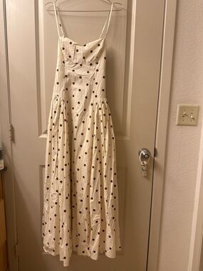 Polka Dot Cream Brown Open Back Maxi Dress with Spaghetti Straps